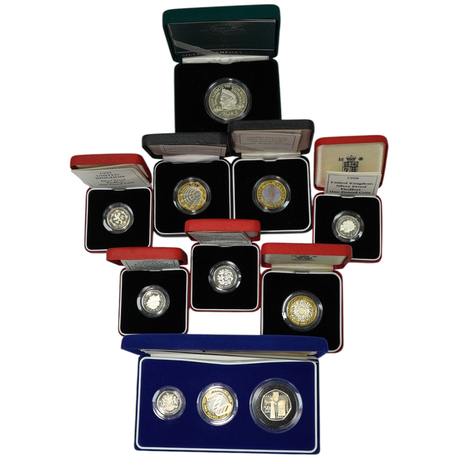 Royal Mint UK QEII silver proof piedfort coins; three coin collection, 2003, a Queen Mother Centenary crown 2000, three £2, 1997, 1999 and 2001, four £1, 1997-2000